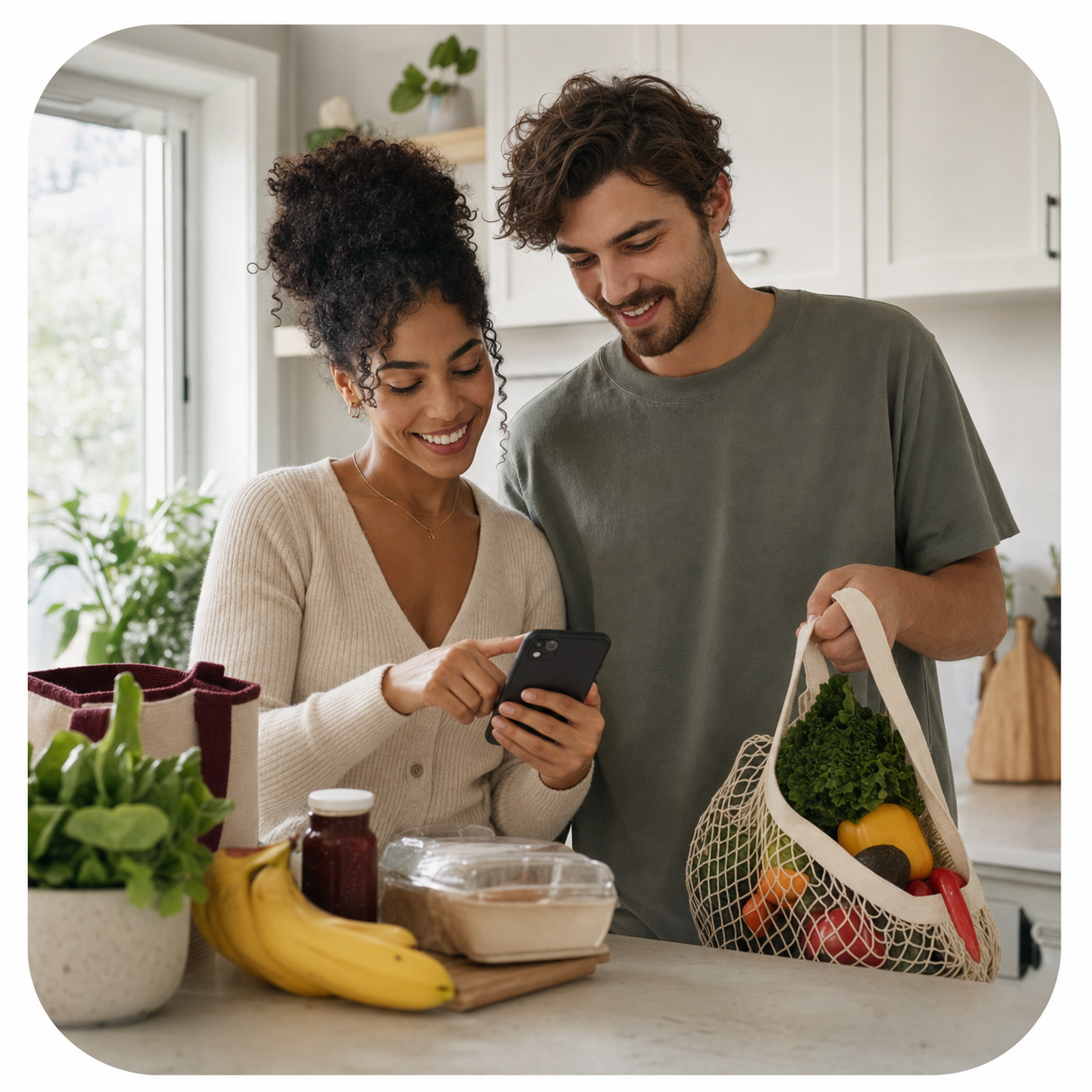 Couple reviewing groceries and a phone in a bright kitchen