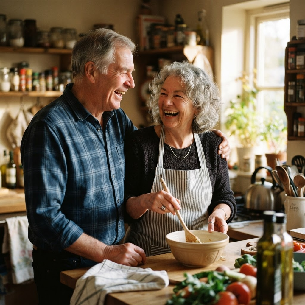 Older couple laughing in the kitchen